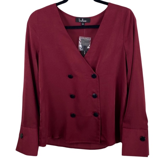 Lulus Tops - Lulu’s Long Sleeve Satin Burgundy Button Front Blouse Size Small NWT